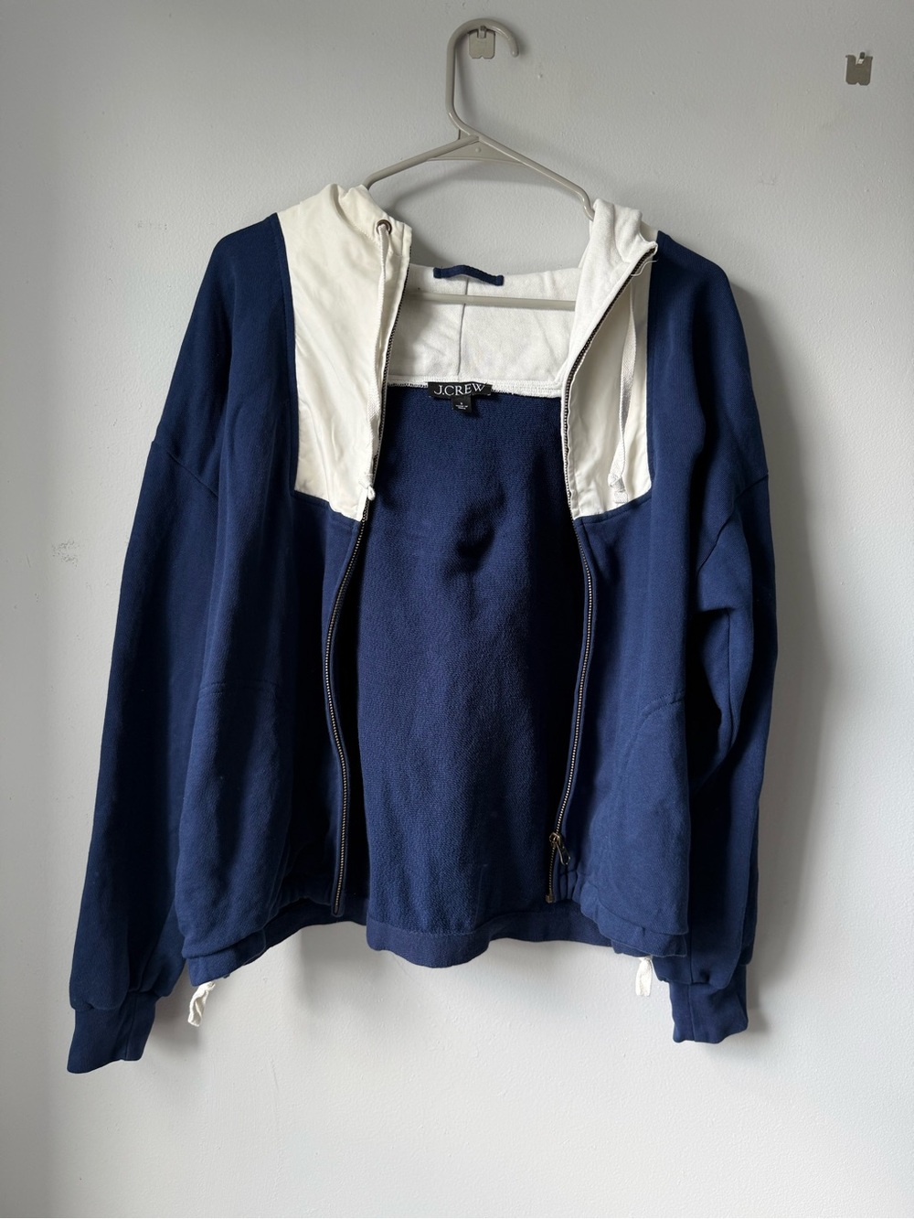 J.Crew Full Zip Up Hoodie Sweatshirt Color Block Navy Blue Cream Size S